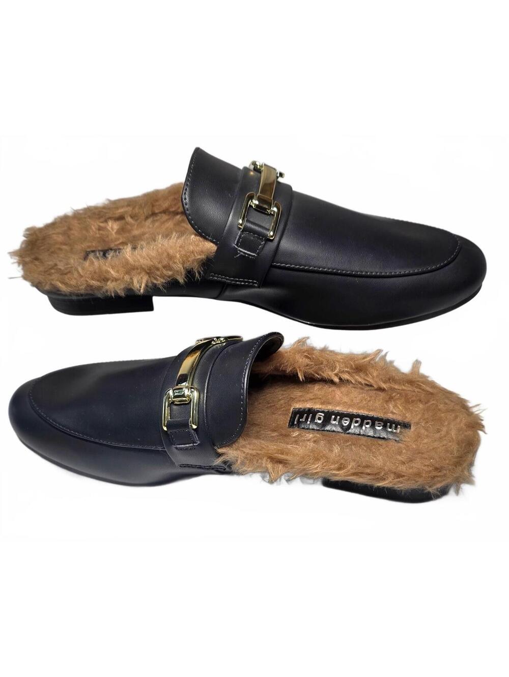 Madden Girl Size 8 Black Faux Leather Furry Slip-On Loafers with Gold Buckle